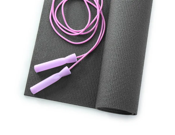 Black Yoga Mat Jumping Rope White Background — Stock Photo, Image
