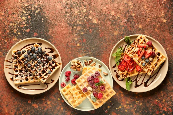 Delicious Waffles Berries Plates Top View — Stock Photo, Image