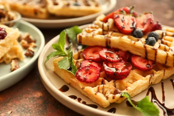 Delicious Waffles Chocolate Syrup Berries Plate Closeup — Stock Photo, Image