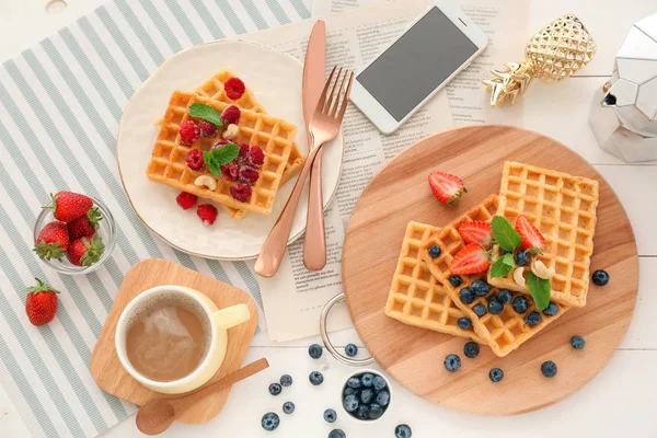 Flat Lay Composition Delicious Waffles Berries Table — Stock Photo, Image