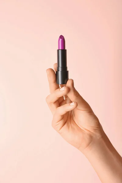 Woman Holding Bright Lipstick Color Background — Stock Photo, Image