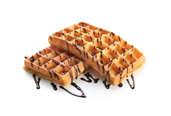 Delicious Waffles Chocolate Sauce White Background — Stock Photo, Image