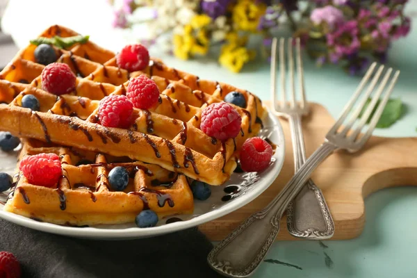 Delicious Waffles Berries Chocolate Sauce Plate — Stock Photo, Image