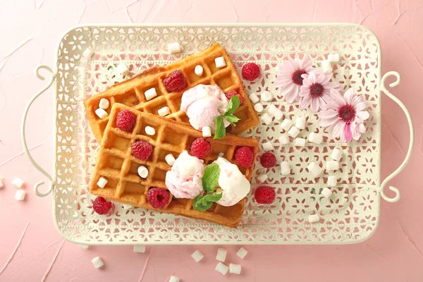 Delicious Waffles Ice Cream Raspberries Tray — Stock Photo, Image