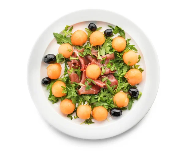 Gustosa Insalata Con Melone Prosciutto Fondo Bianco — Foto Stock