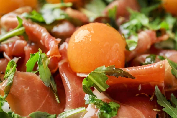 Delicious Salad Melon Balls Prosciutto Closeup — Stock Photo, Image