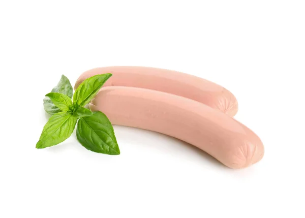 Tasty Sausages Basil White Background — Stock Photo, Image