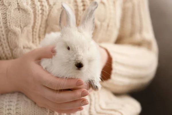 Frau Mit Niedlichen Flauschigen Kaninchen Hause Nahaufnahme — Stockfoto