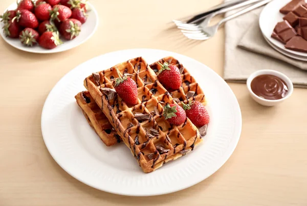 Plate Delicious Waffles Berries Table — Stock Photo, Image