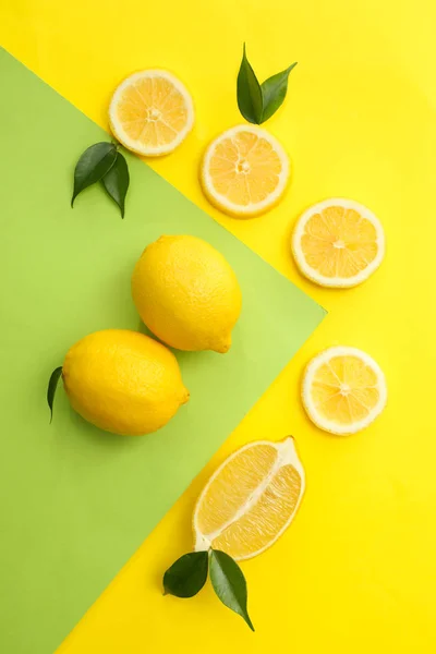 Flat Lay Composition Ripe Juicy Lemons Color Background — Stock Photo, Image
