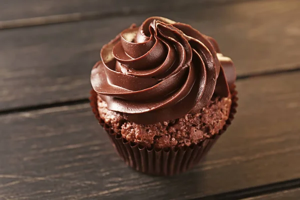 Tasty Chocolate Cupcake Wooden Table — Stock Photo, Image