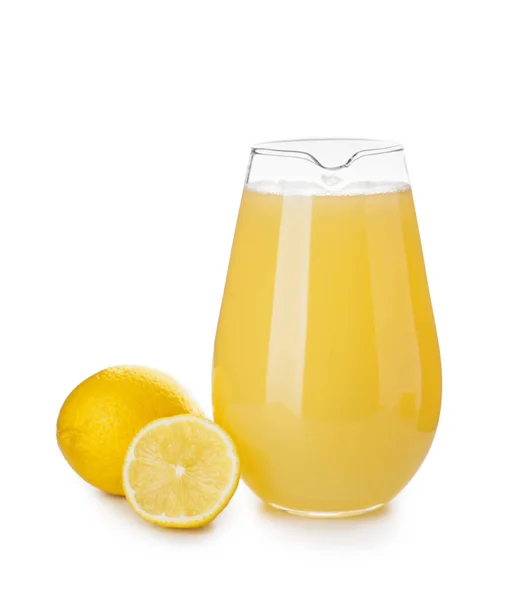 Glasbehållaren Färsk Citronsaft Vit Bakgrund — Stockfoto