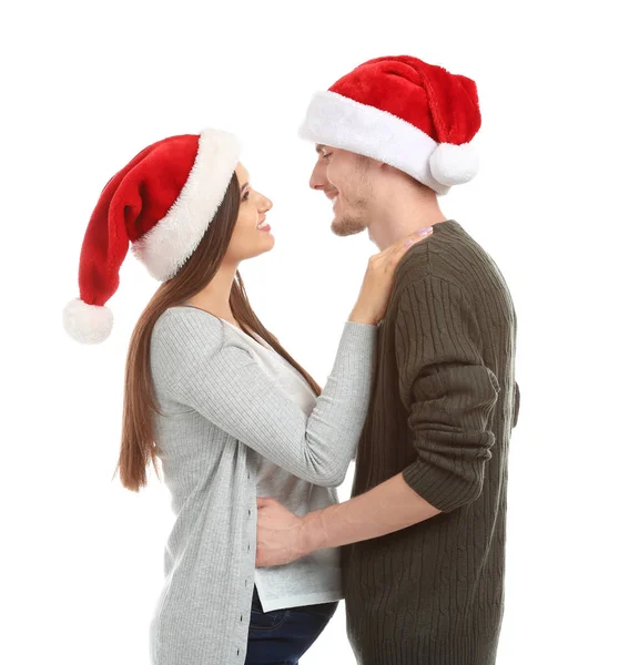 Portrait Cute Young Couple Santa Hats White Background Stock Image