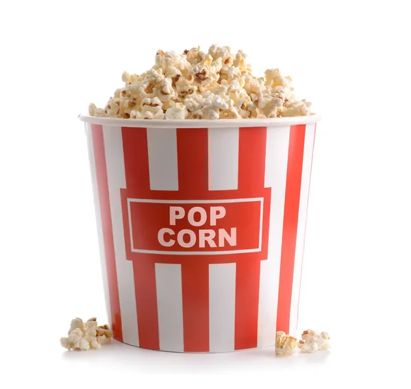 Papier Emmer Met Lekkere Popcorn Witte Achtergrond — Stockfoto