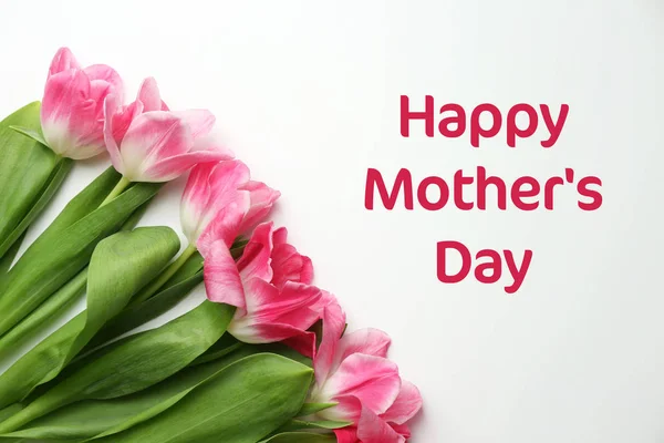 Beautiful Tulips Greeting Happy Mother Day White Background Top View — Stock Photo, Image