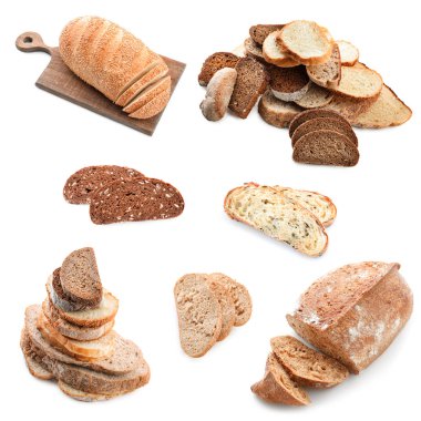 Farklı lezzetli ekmek beyaz zemin üzerine dilimlenmiş