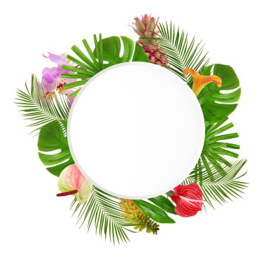 Yeşilden bir tropikal çerçeve yaprakları ve beyaz arka plan üzerinde çiçekler