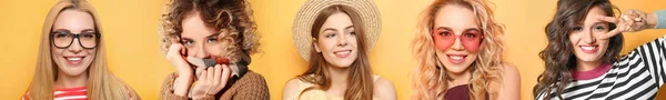 Fashionable Young Women Yellow Background — Stock Photo, Image