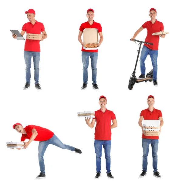 Young Deliveryman Pizza Boxes White Background — Stock Photo, Image