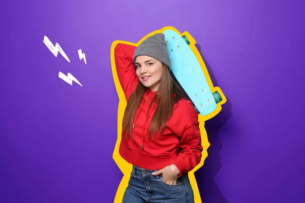 Atraktivní Bokovky Dívka Skateboard Barvu Pozadí — Stock fotografie