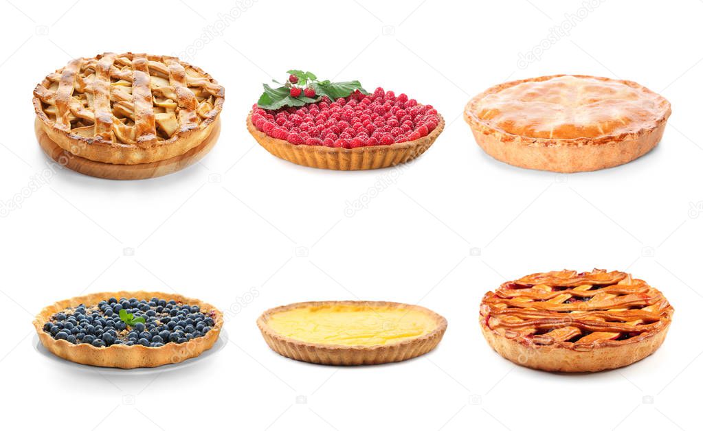 Different tasty fruit pies on white background