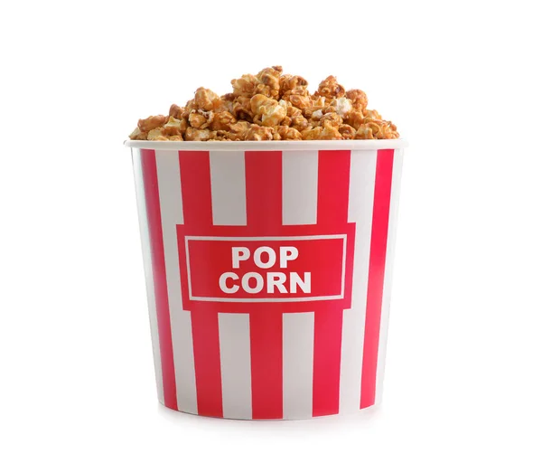 Großer Papiereimer Mit Leckerem Karamell Popcorn Auf Weißem Hintergrund — Stockfoto
