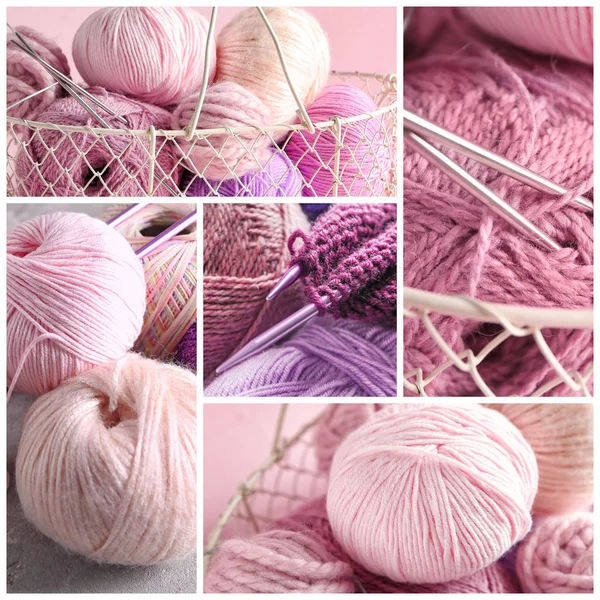 Collage of pink knitting threads