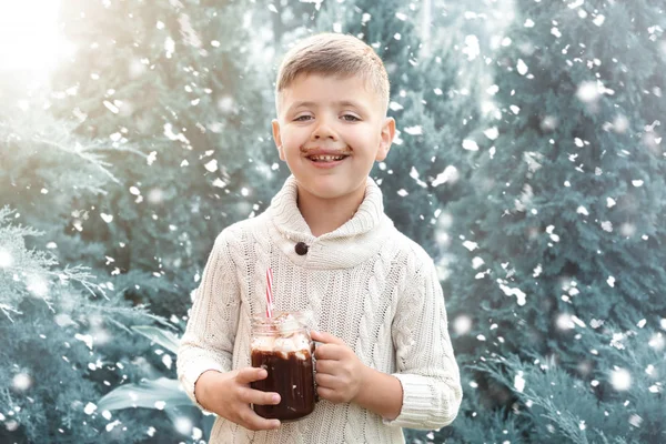 Cute Little Boy Warm Sweater Mason Jar Hot Chocolate Snowy — Stock Photo, Image