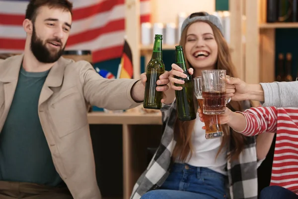 Group Cheerful Friends Drinking Beer Bar — Stock Photo, Image