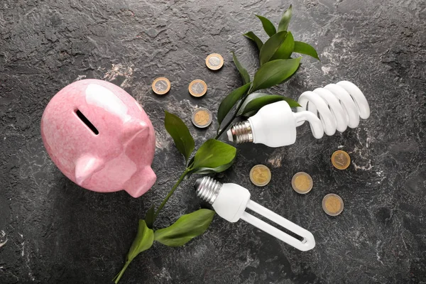 Piggy Bank Coins Light Bulbs Dark Background Concept Saving Energy — Stock Photo, Image