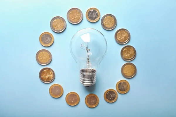 Composition Coins Light Bulb Color Background Electricity Saving Concept — Stock Photo, Image