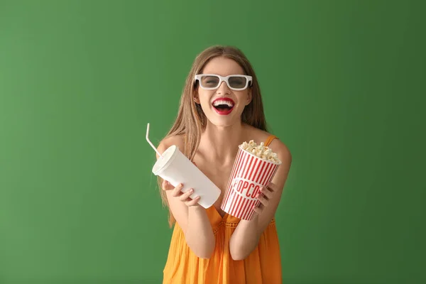 Beautiful Young Woman Cup Popcorn Beverage Cinema Glasses Color Background — Stock Photo, Image