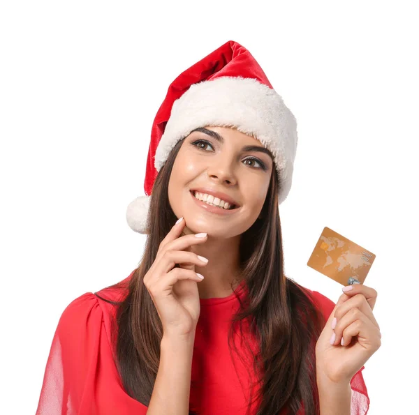 Mujer Joven Santa Sombrero Con Tarjeta Crédito Sobre Fondo Blanco —  Fotos de Stock