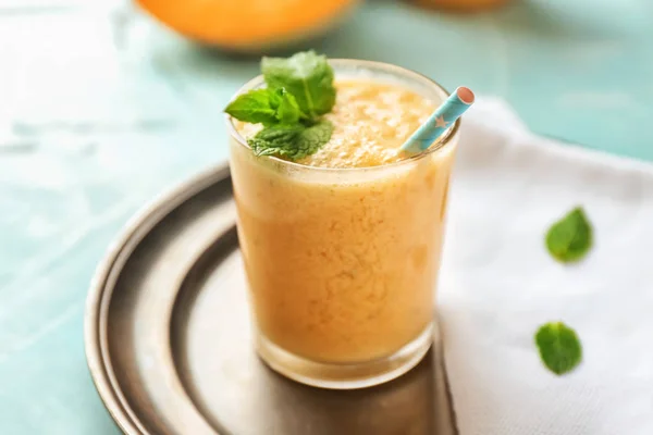 Glass Tasty Melon Smoothie Table — Stock Photo, Image