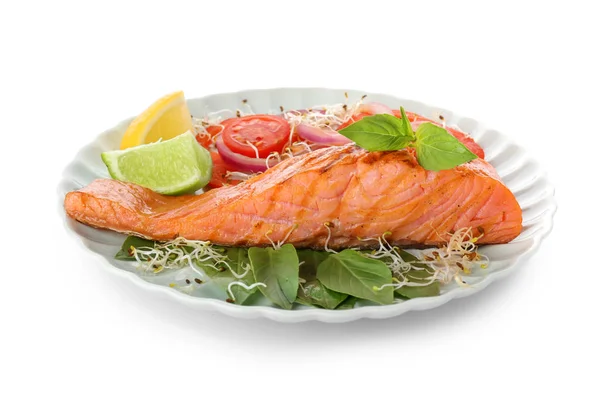 Plate Tasty Salmon Fresh Salad White Background — Stock Photo, Image