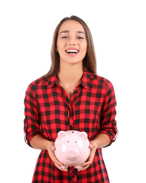 Mujer Joven Con Alcancía Sobre Fondo Blanco —  Fotos de Stock