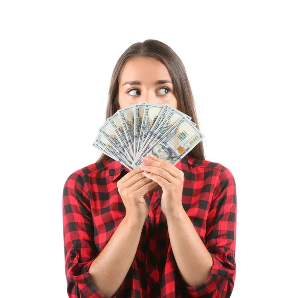 Mujer Joven Con Dinero Sobre Fondo Blanco — Foto de Stock