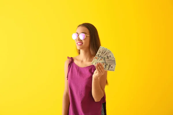 Young Woman Money Color Background — Stock Photo, Image
