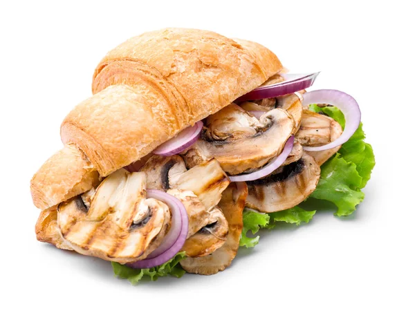 Lekkere Croissant Sandwich Met Paddestoelen Witte Achtergrond — Stockfoto