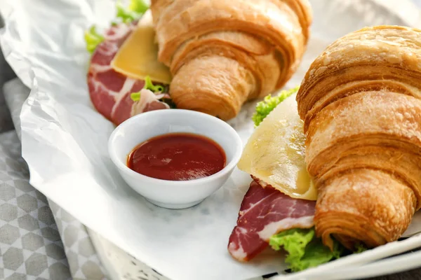 Tasty Croissant Sandwiches Sauce Tray Closeup — Stock Photo, Image