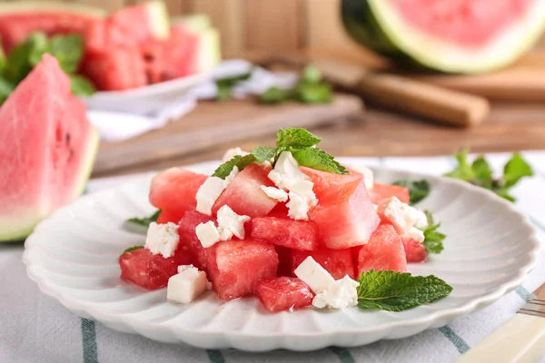 Plate Delicious Watermelon Salad Table Closeup — Stock Photo, Image