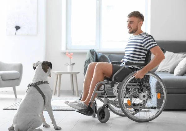 Young Man Wheelchair Service Dog Home — Stock Photo, Image