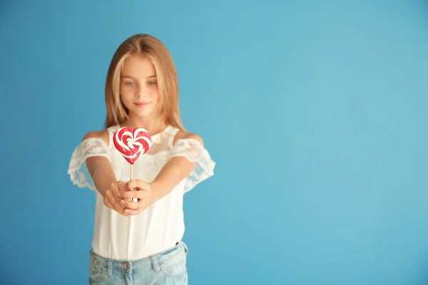 Cute Little Girl Heart Shaped Lollipop Color Background — Stock Photo, Image