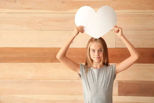 Cute Little Girl Paper Heart Wooden Background — Stock Photo, Image