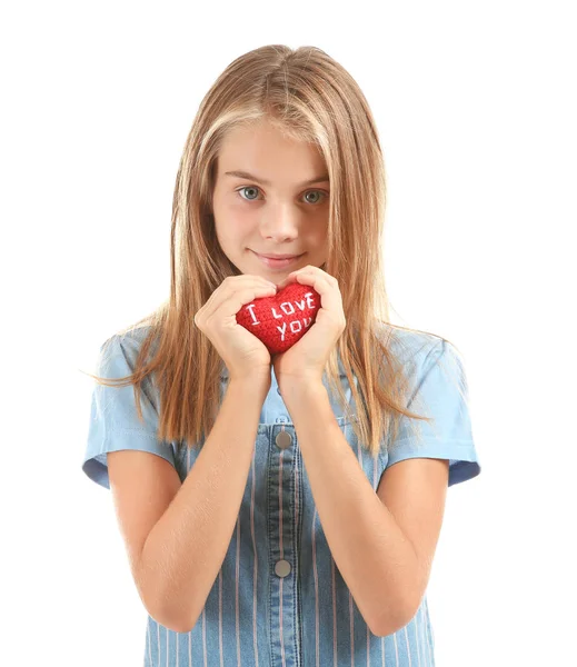 Мила Дівчинка Тримає Червоне Серце Текстом Люблю Тебе Білому Тлі — стокове фото