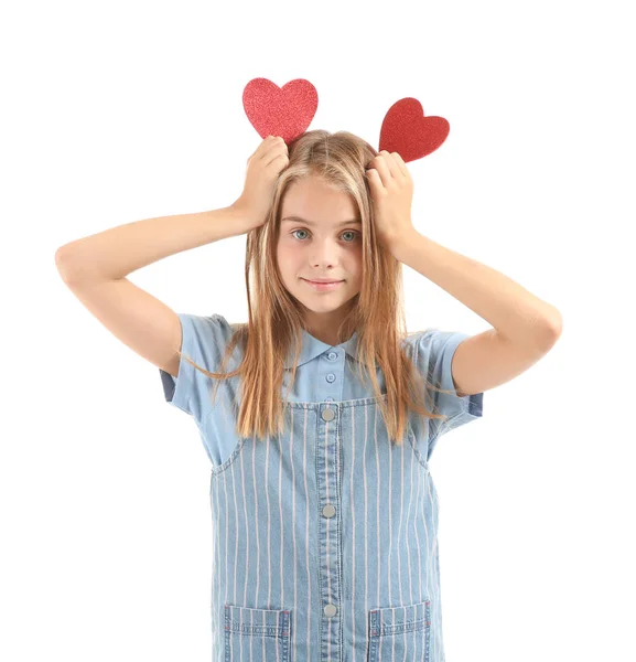 Cute Little Girl Red Hearts White Background — Stock Photo, Image