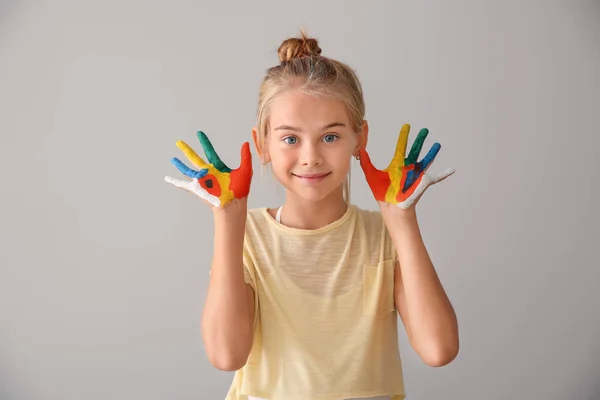 Cute Little Girl Hands Paint Light Background — Stock Photo, Image