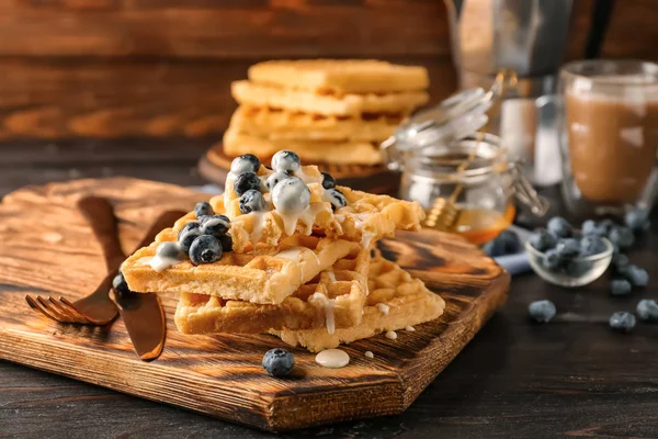 Delicious Waffles Sauce Blueberries Wooden Board — Stock Photo, Image