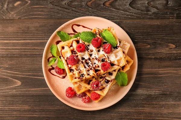 Plate Delicious Waffles Raspberries Wooden Background — Stock Photo, Image