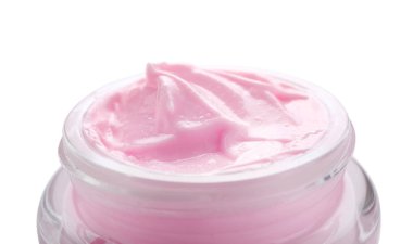 Beyaz arka planda, closeup vücut kremi ile jar